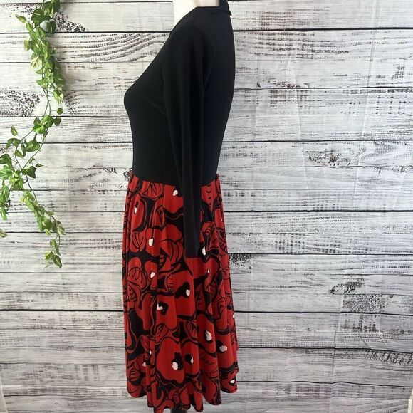 Kamalikulture Dress sz Small Black Red Floral Stretch Knee Modest Career Church - Picture 14 of 16